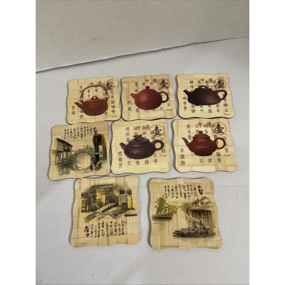 Vintage Mid Century Coasters Lot Of 8 Japan Tea Pots Bamboo